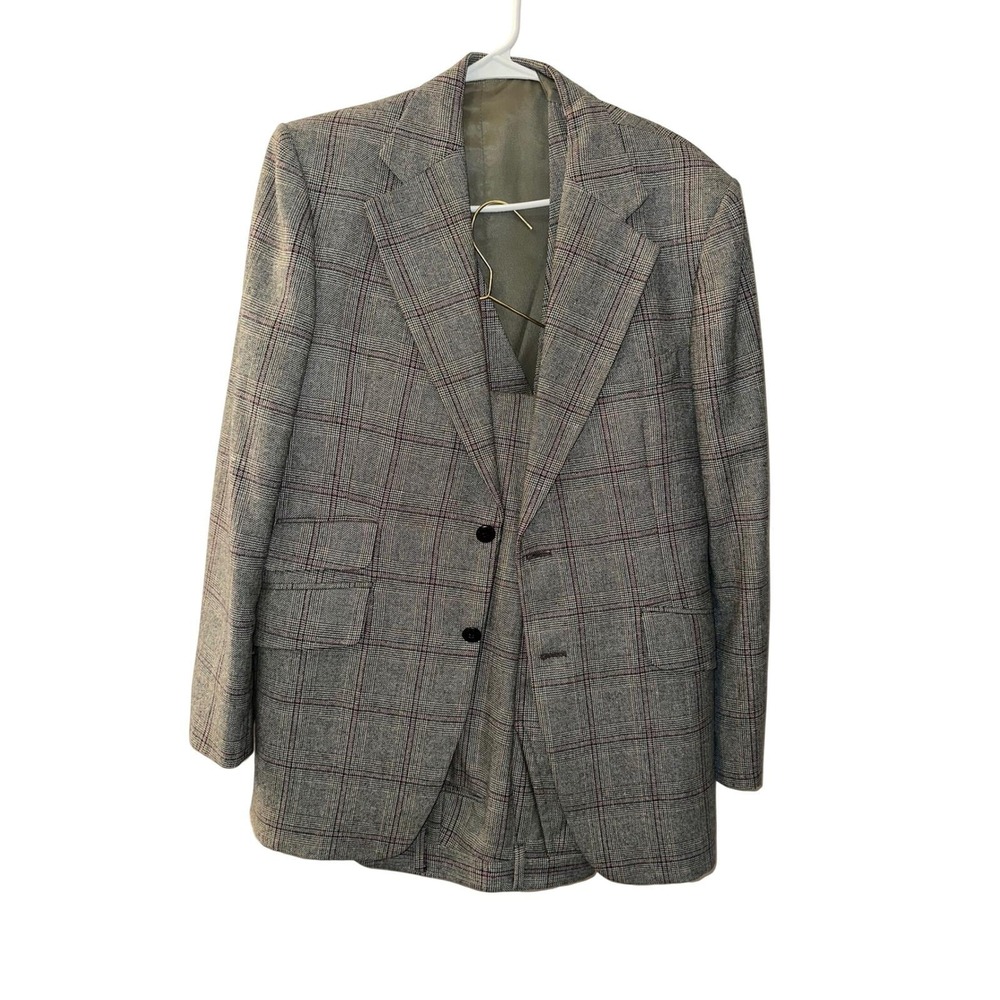 Johnny Carson Vintage Mens 3 Piece Suit Grey Plaid Blazer Vest Pants Set 42 19
